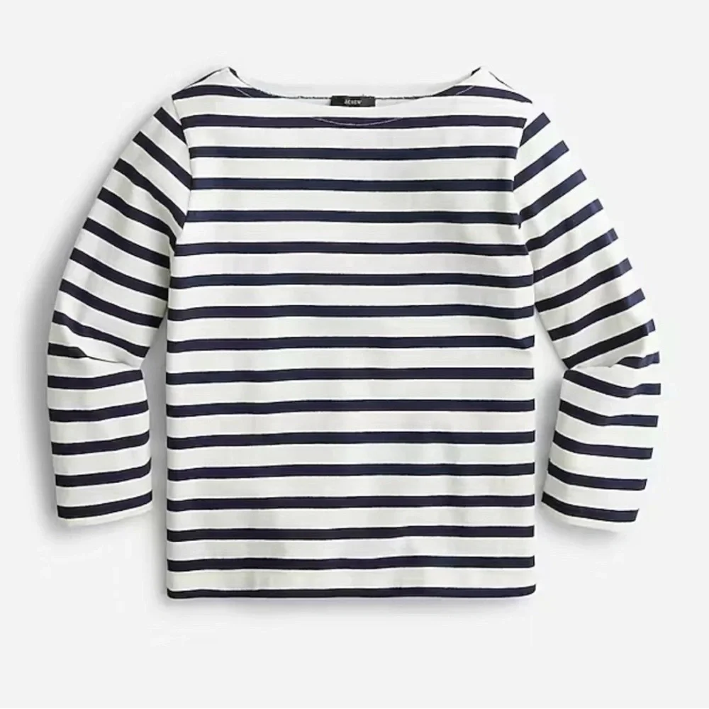 J. Crew Navy White Striped Boatneck Top Size S Classic Preppy Cotton